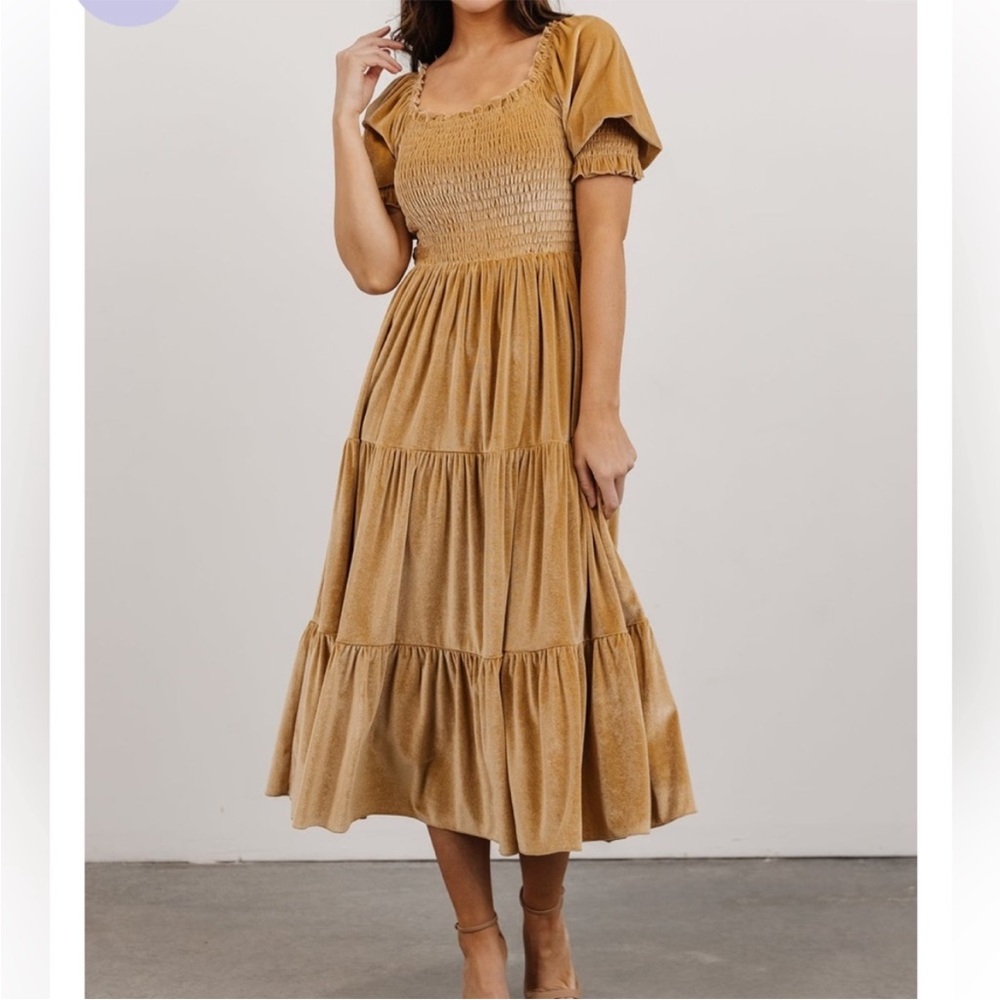Baltic Born Vivaldi Smocked Velvet Midi Dress in French Gold